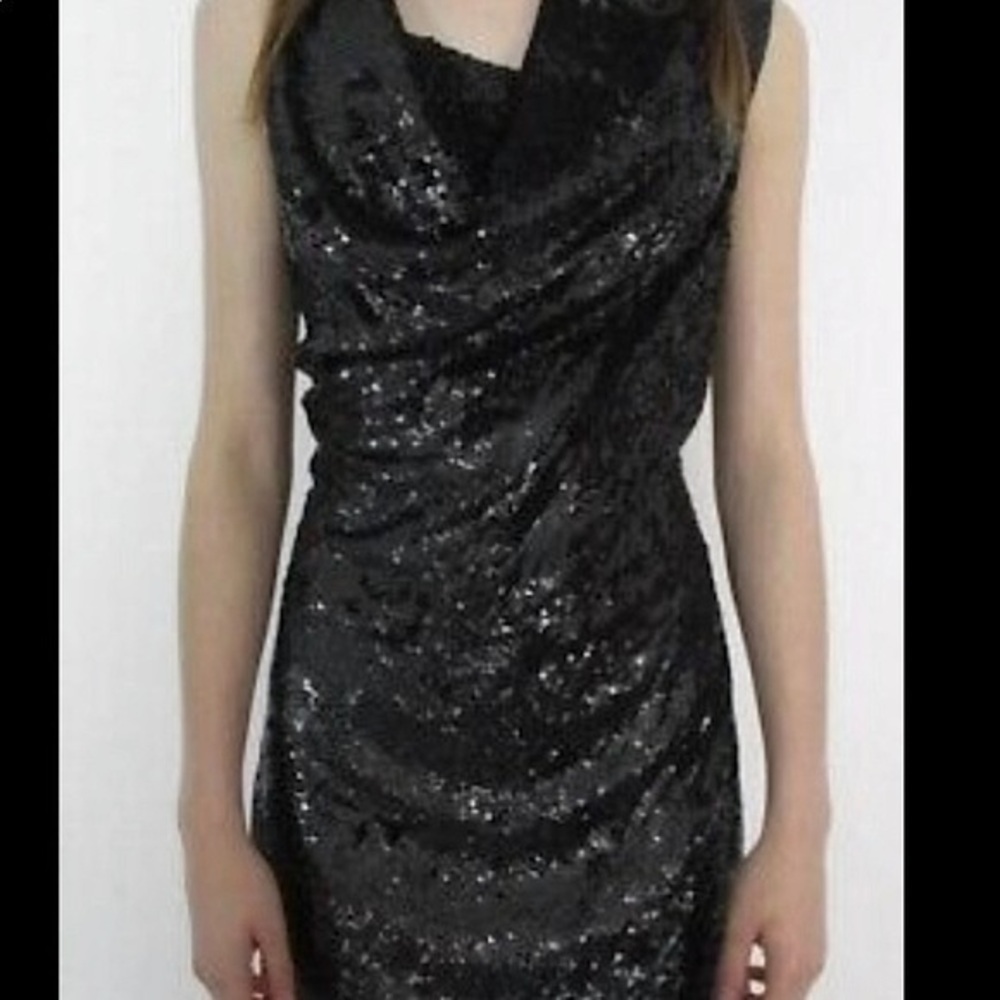 All Saints Black‎ Velutina Sequin Cocktail Dress asymmetrical draped neck 6. #D